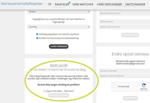 Norskeshemalefloerter tillater gratis konto-lukking og fjerning av profil, uten deaktivering, inkludert enkel avmelding fra epost-lister.